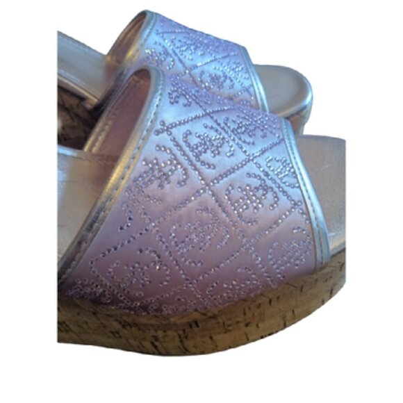 Guess Size 7 Womens Cork Platform Wedge Heels with Pink Sparkle Logo - Picture 6 of 8